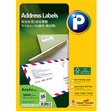 地址标签A0560-100, 52.5mm x 21.2mm,  56枚/页, 100页/盒, 5600枚/盒 